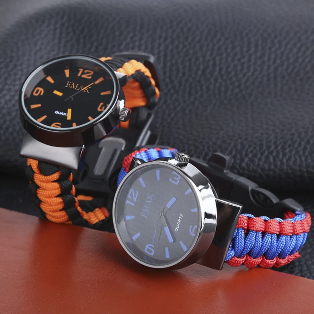 Multifunctional Survival Paracord Bracelet Watch with Compass Flint Fire Starter Scraper Whistle
