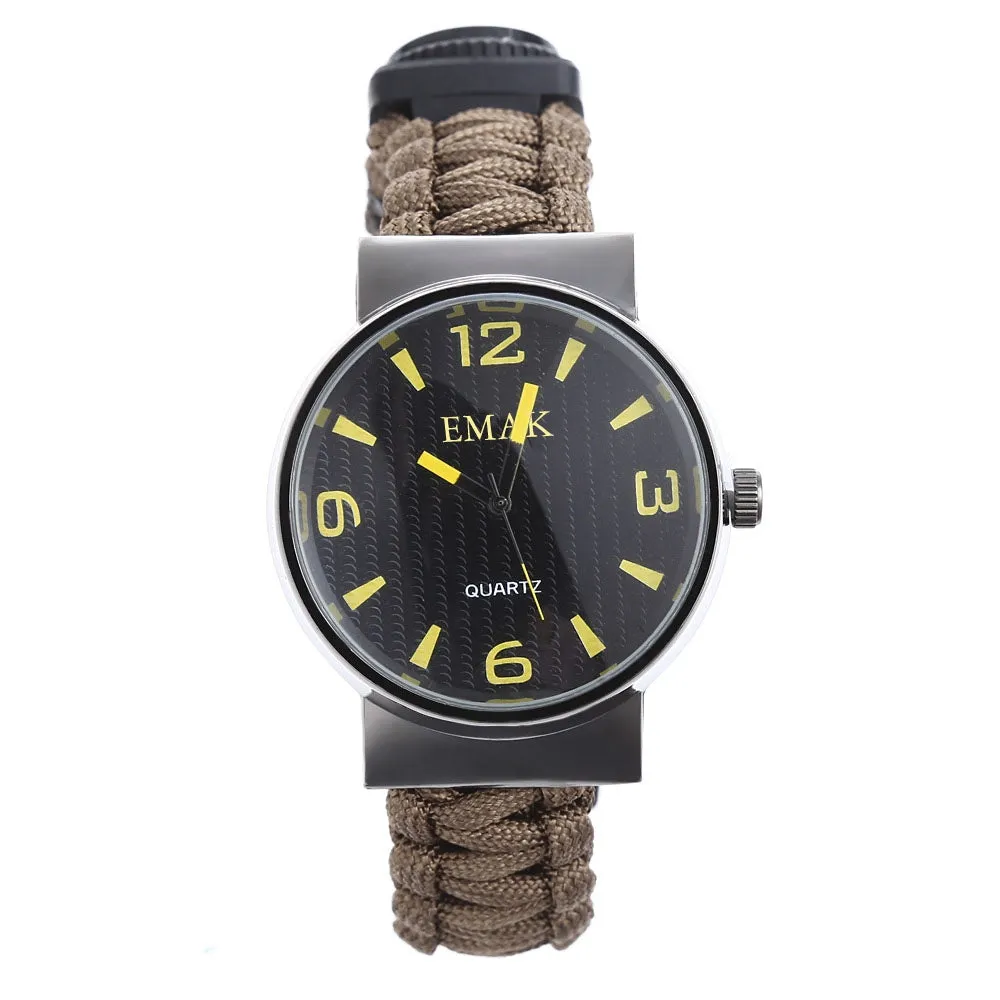 Multifunctional Survival Paracord Bracelet Watch with Compass Flint Fire Starter Scraper Whistle