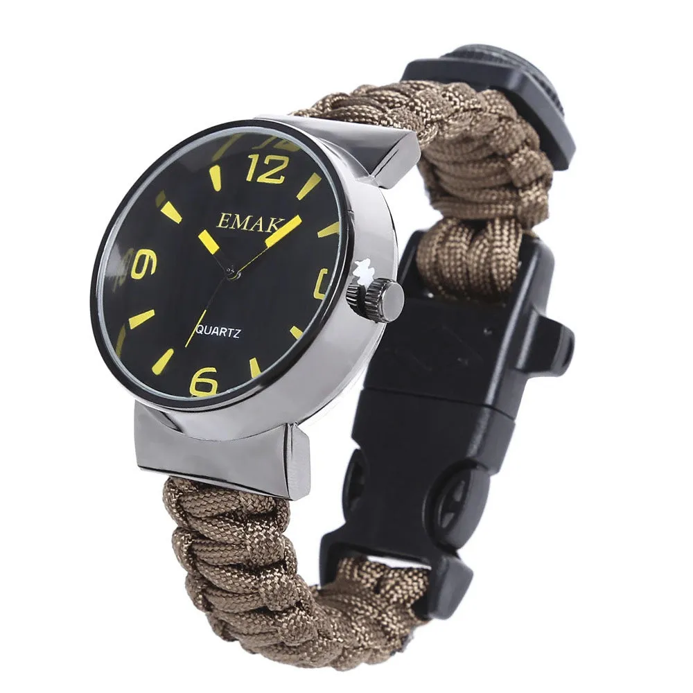Multifunctional Survival Paracord Bracelet Watch with Compass Flint Fire Starter Scraper Whistle