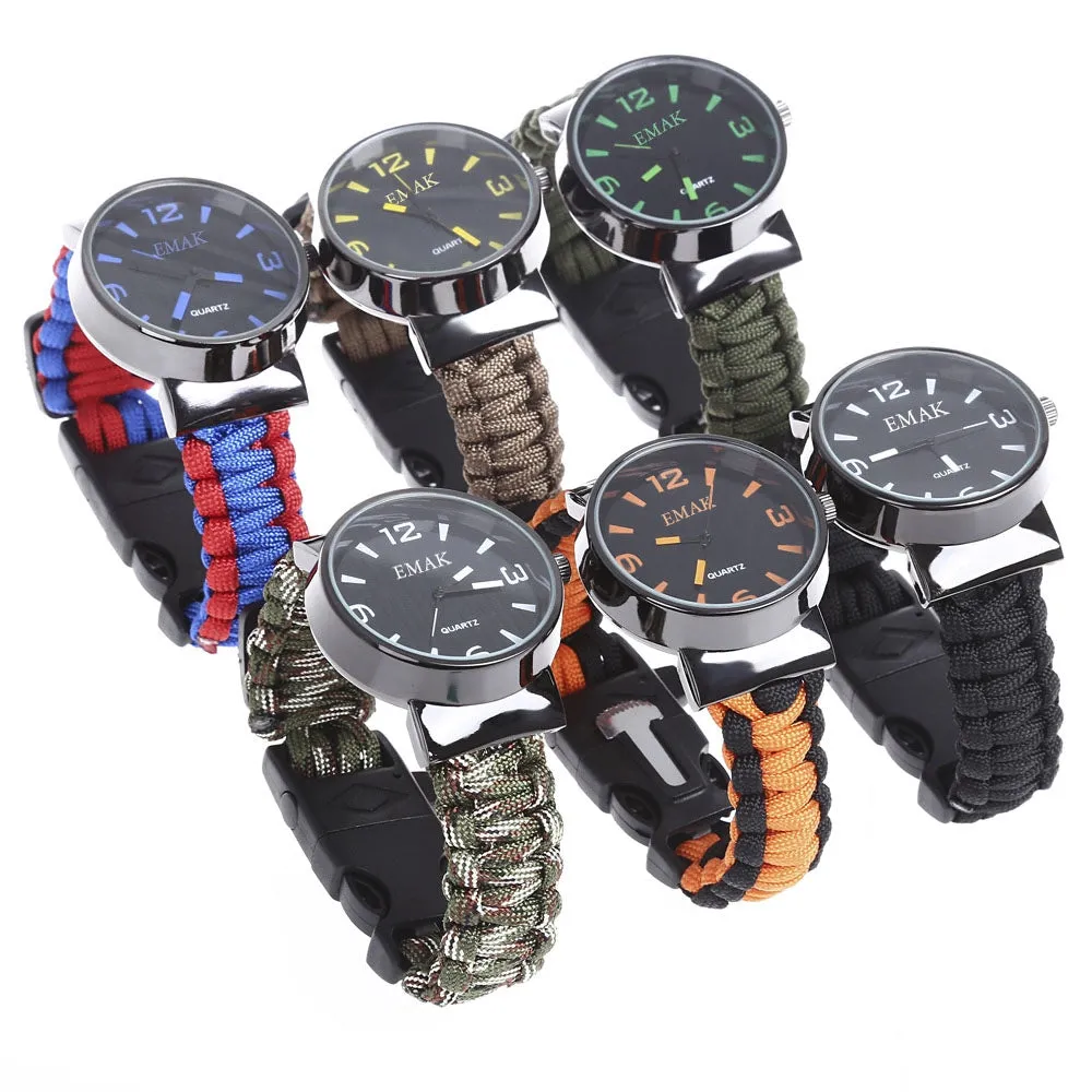 Multifunctional Survival Paracord Bracelet Watch with Compass Flint Fire Starter Scraper Whistle