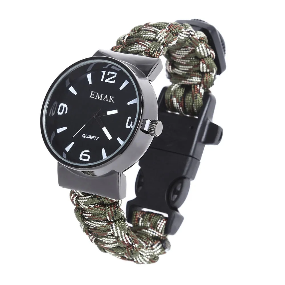 Multifunctional Survival Paracord Bracelet Watch with Compass Flint Fire Starter Scraper Whistle