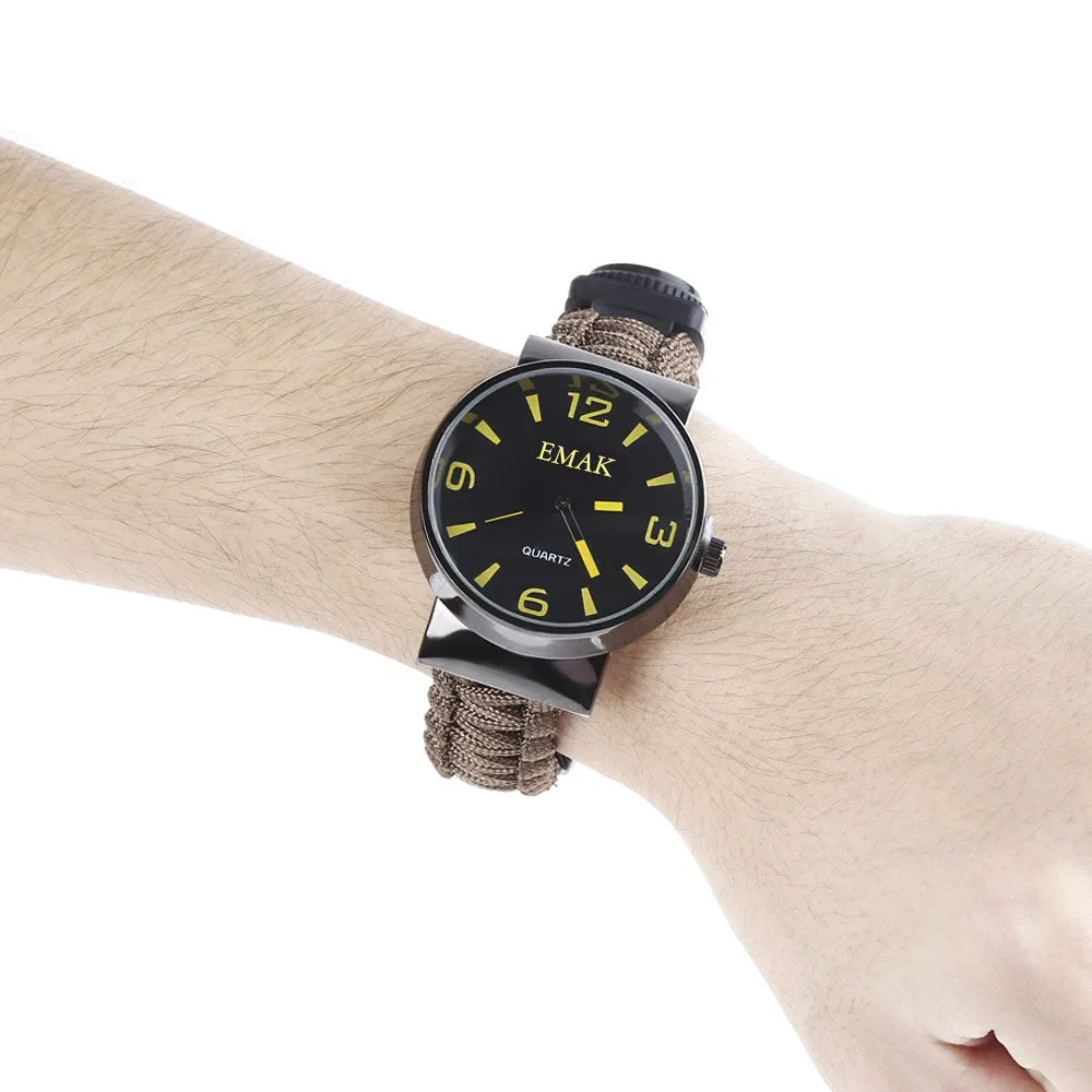 Multifunctional Survival Paracord Bracelet Watch with Compass Flint Fire Starter Scraper Whistle