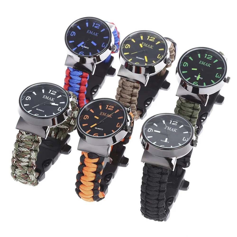 Multifunctional Survival Paracord Bracelet Watch with Compass Flint Fire Starter Scraper Whistle