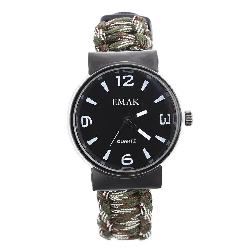 Multifunctional Survival Paracord Bracelet Watch with Compass Flint Fire Starter Scraper Whistle
