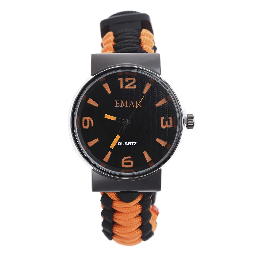 Multifunctional Survival Paracord Bracelet Watch with Compass Flint Fire Starter Scraper Whistle