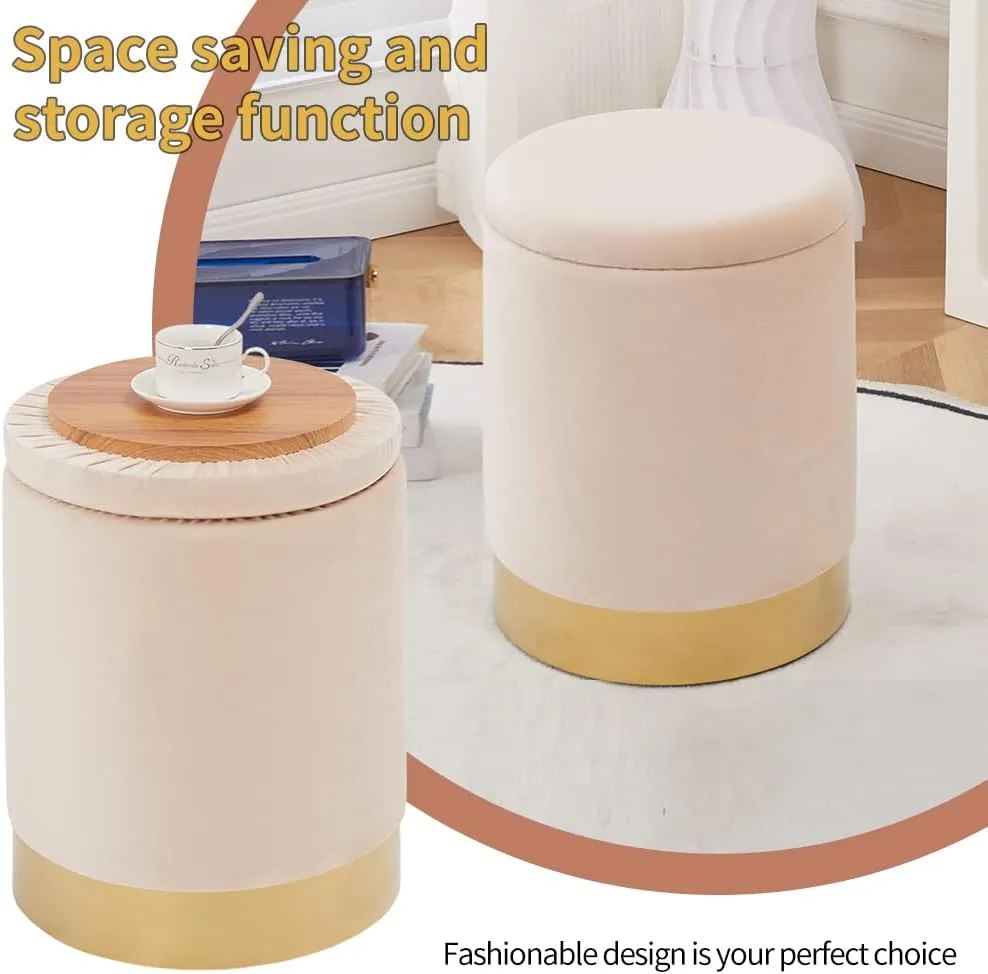 Mxfurhawa Velvet Storage Ottoman Multipurpose Footrest Stool with Metal Base Modern Round Vanity Stool Chair Ottoman Foot Stools Support 300 lbs Padded Seat for Living Room (Champagne)