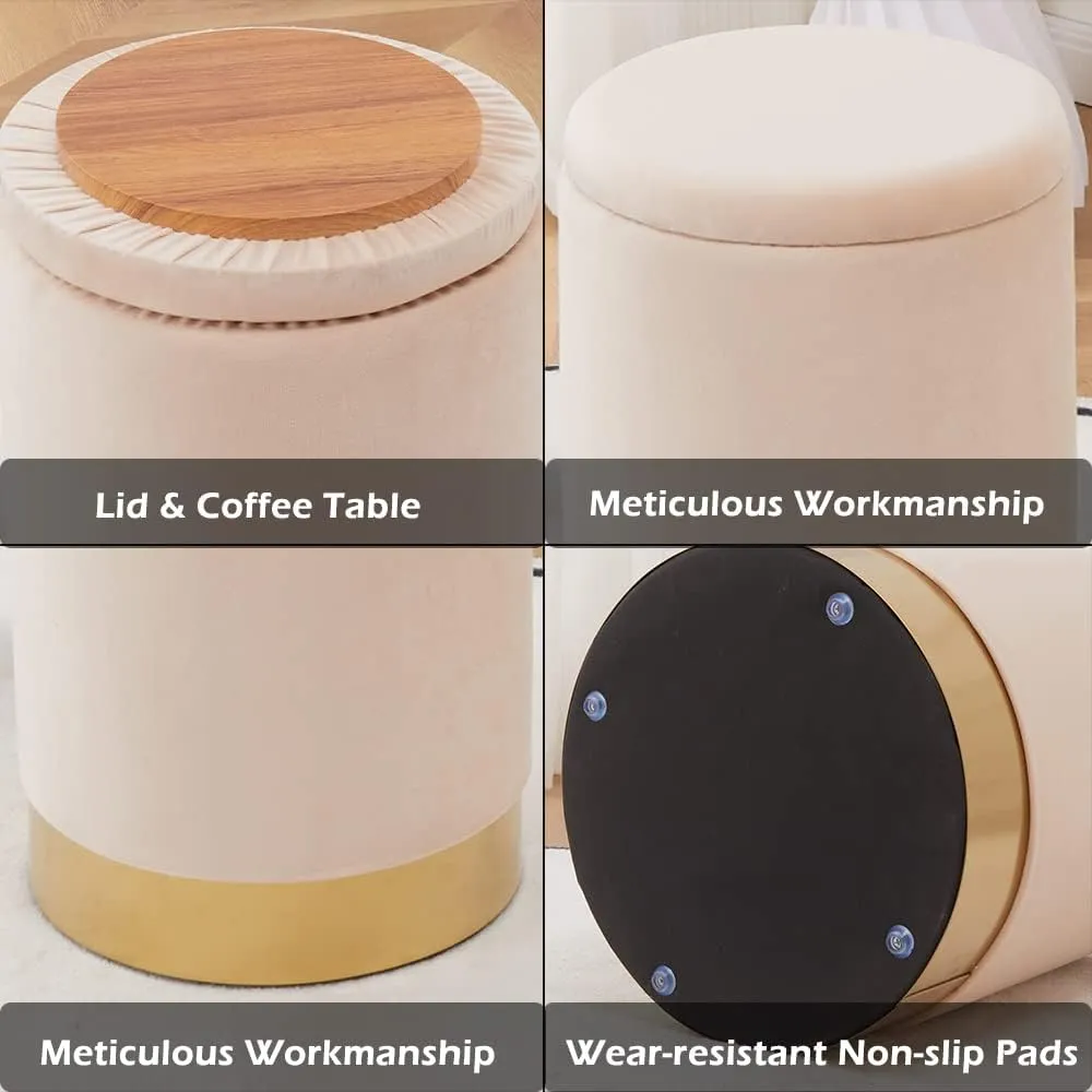 Mxfurhawa Velvet Storage Ottoman Multipurpose Footrest Stool with Metal Base Modern Round Vanity Stool Chair Ottoman Foot Stools Support 300 lbs Padded Seat for Living Room (Champagne)