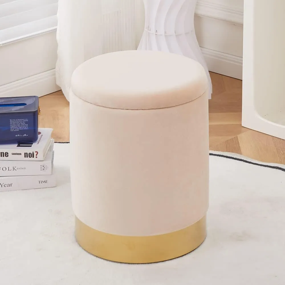 Mxfurhawa Velvet Storage Ottoman Multipurpose Footrest Stool with Metal Base Modern Round Vanity Stool Chair Ottoman Foot Stools Support 300 lbs Padded Seat for Living Room (Champagne)