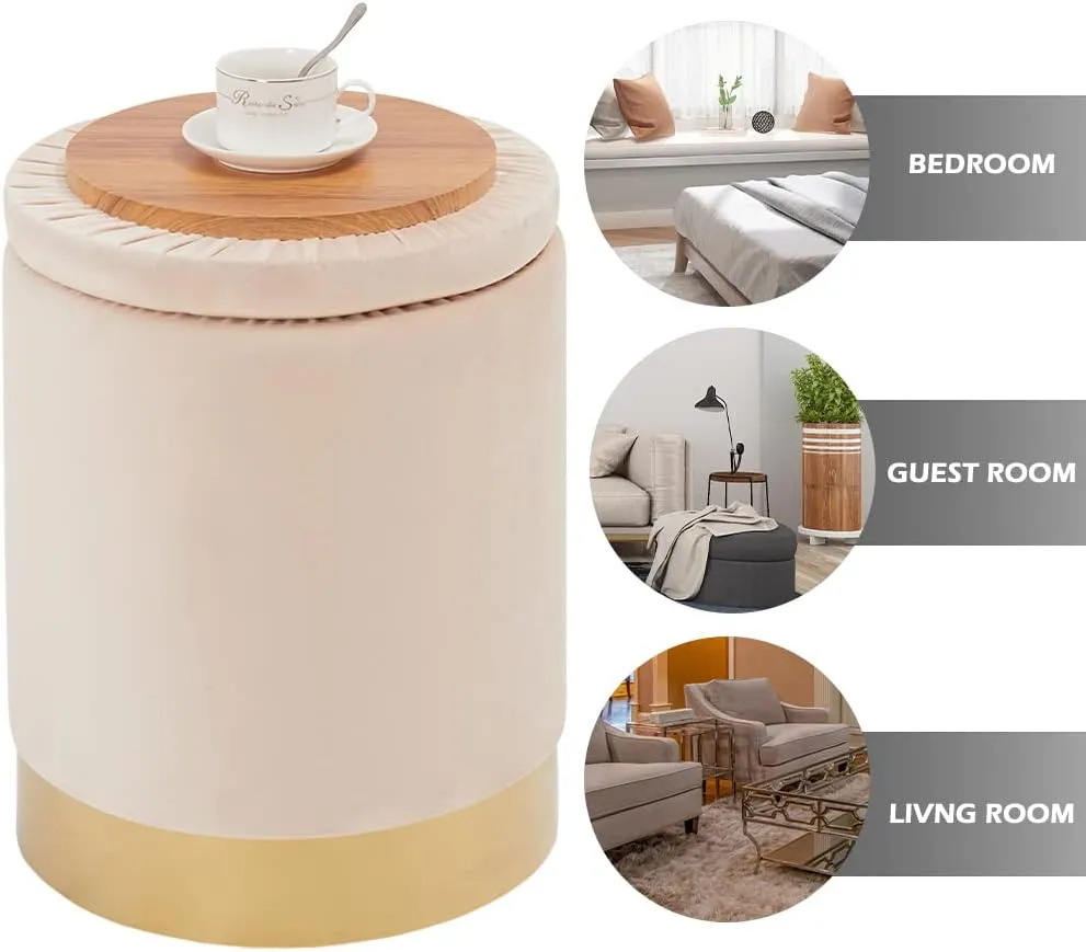 Mxfurhawa Velvet Storage Ottoman Multipurpose Footrest Stool with Metal Base Modern Round Vanity Stool Chair Ottoman Foot Stools Support 300 lbs Padded Seat for Living Room (Champagne)
