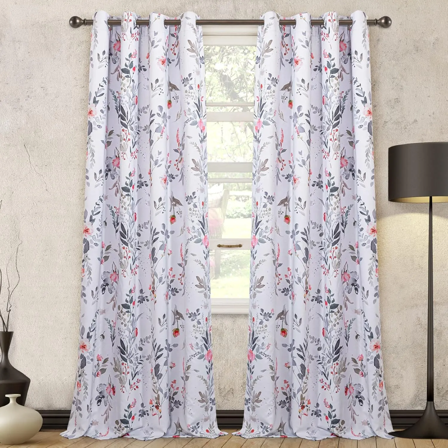 MYSKY HOME Floral Curtains Living Room Curtains 84 inch Length Room Darkening Curtains Energy Saving Thermal Insulated Window Curtain Grommet Top for Bedroom Dining Room, 2 Panels, Red and Gray