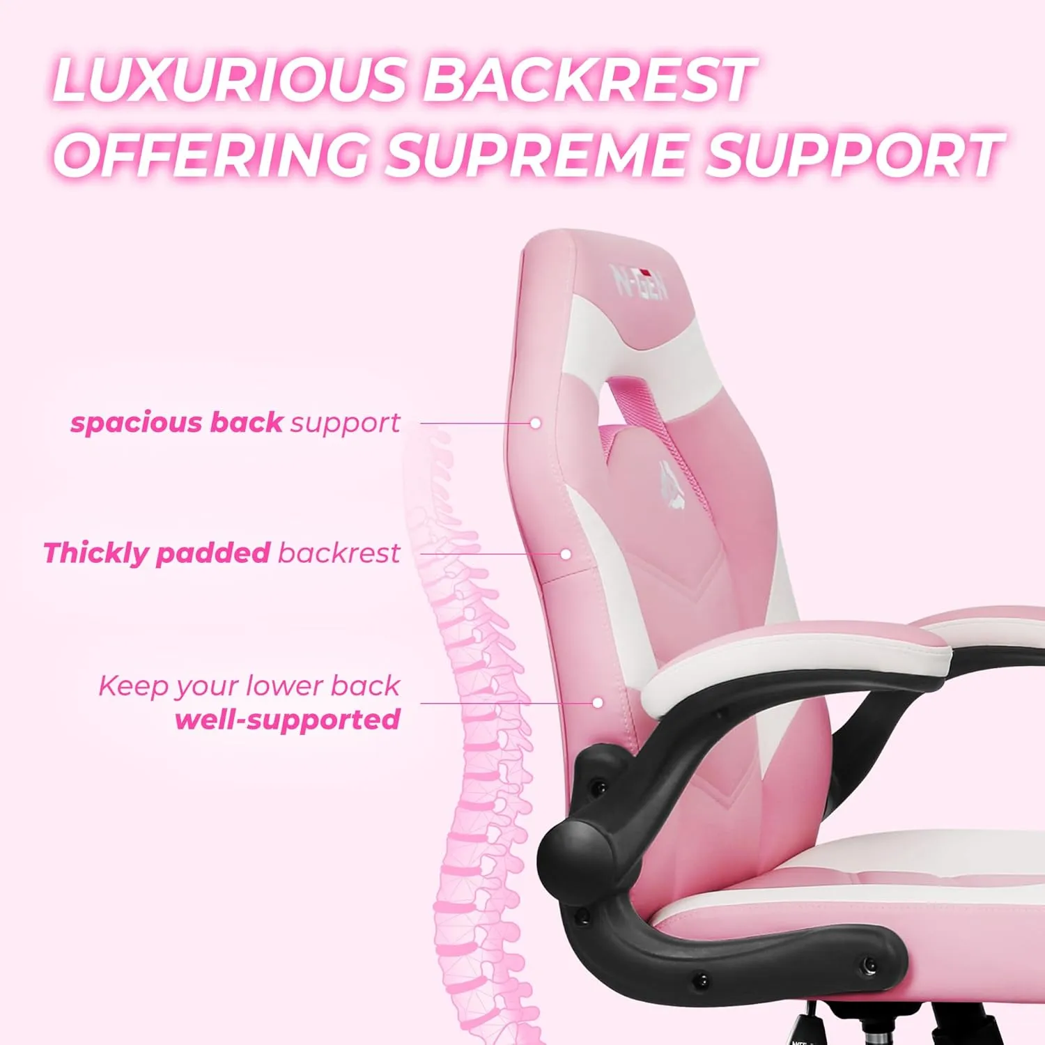 N-GEN GAMING Video Gaming Chair Ergonomic Office Desk Chair with Lumbar Support Adjustable Height Padded Flip Up Arms and Swivel Wheels Racing Style Design for Adults with PU Leather (Pink)