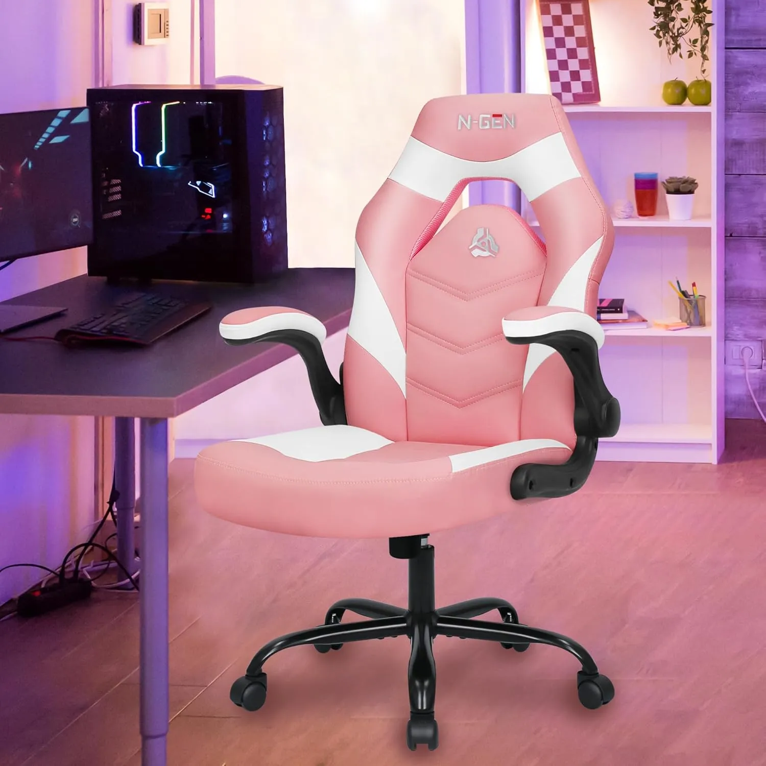 N-GEN GAMING Video Gaming Chair Ergonomic Office Desk Chair with Lumbar Support Adjustable Height Padded Flip Up Arms and Swivel Wheels Racing Style Design for Adults with PU Leather (Pink)