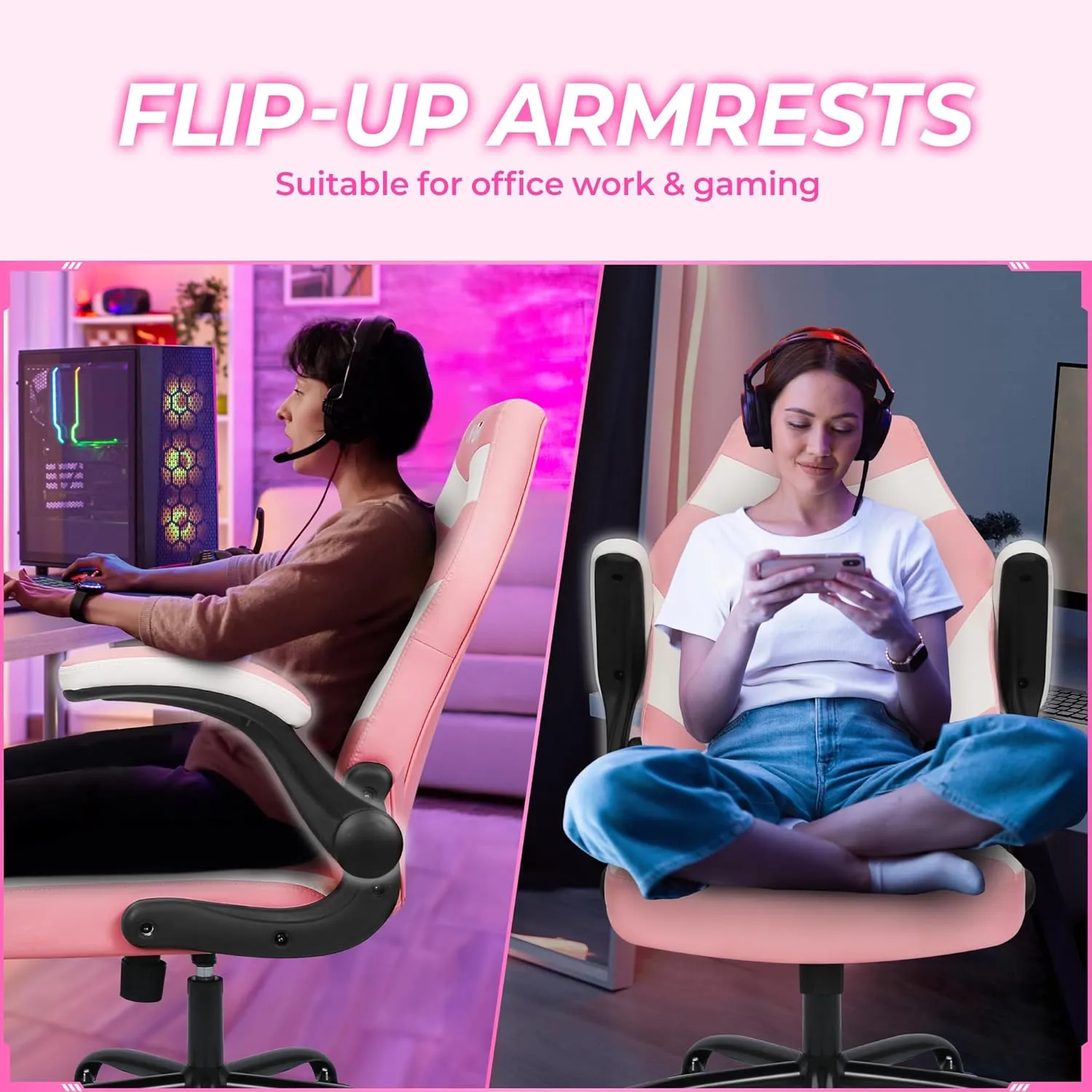 N-GEN GAMING Video Gaming Chair Ergonomic Office Desk Chair with Lumbar Support Adjustable Height Padded Flip Up Arms and Swivel Wheels Racing Style Design for Adults with PU Leather (Pink)