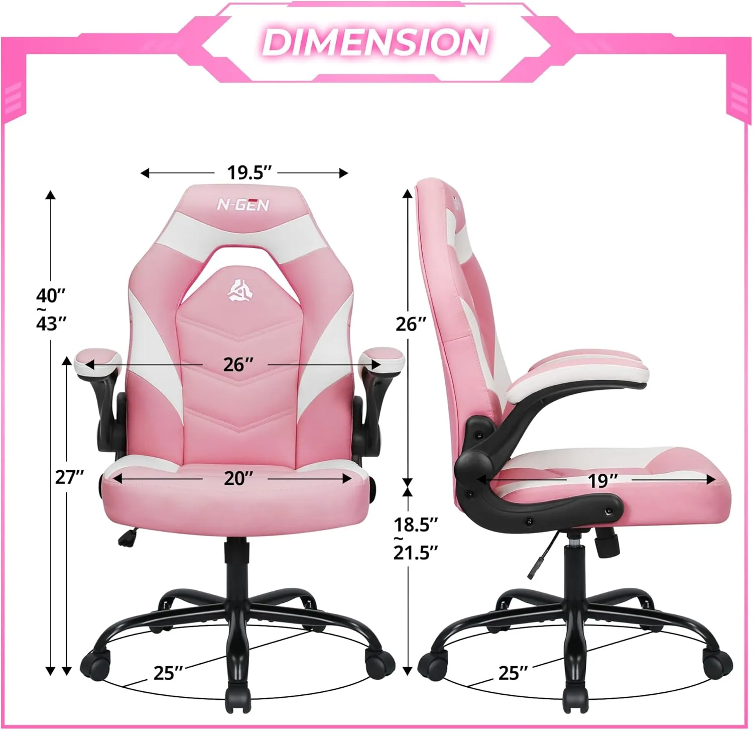 N-GEN GAMING Video Gaming Chair Ergonomic Office Desk Chair with Lumbar Support Adjustable Height Padded Flip Up Arms and Swivel Wheels Racing Style Design for Adults with PU Leather (Pink)