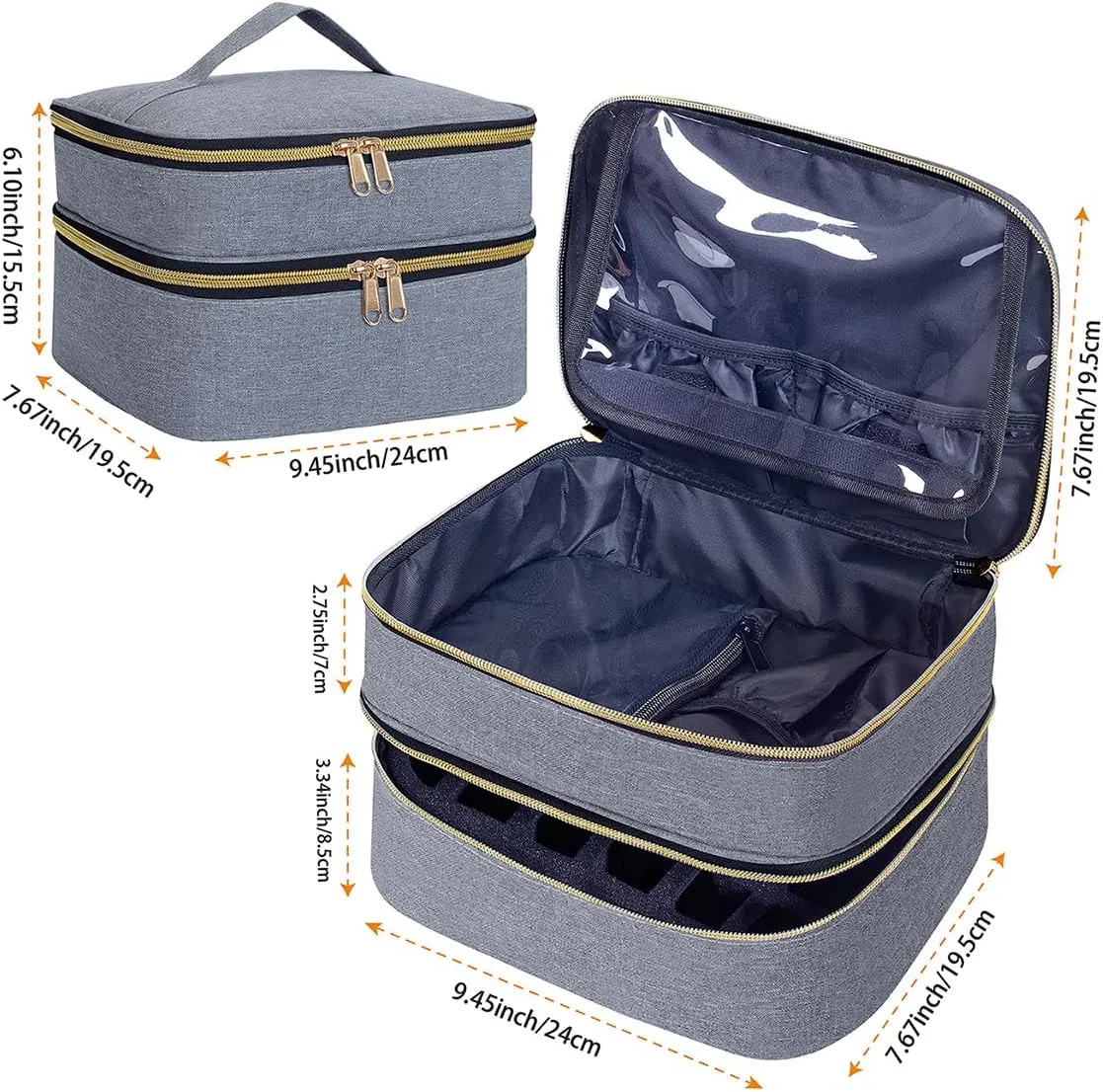 Nail Polish Organizer Bag Double Layer Capacity Portable Travel Storage Case Holds 30 Bottles (15 ml/0.51 floz) Nail Supplies Holder Bag Designed for Women's Nail Tools Grey