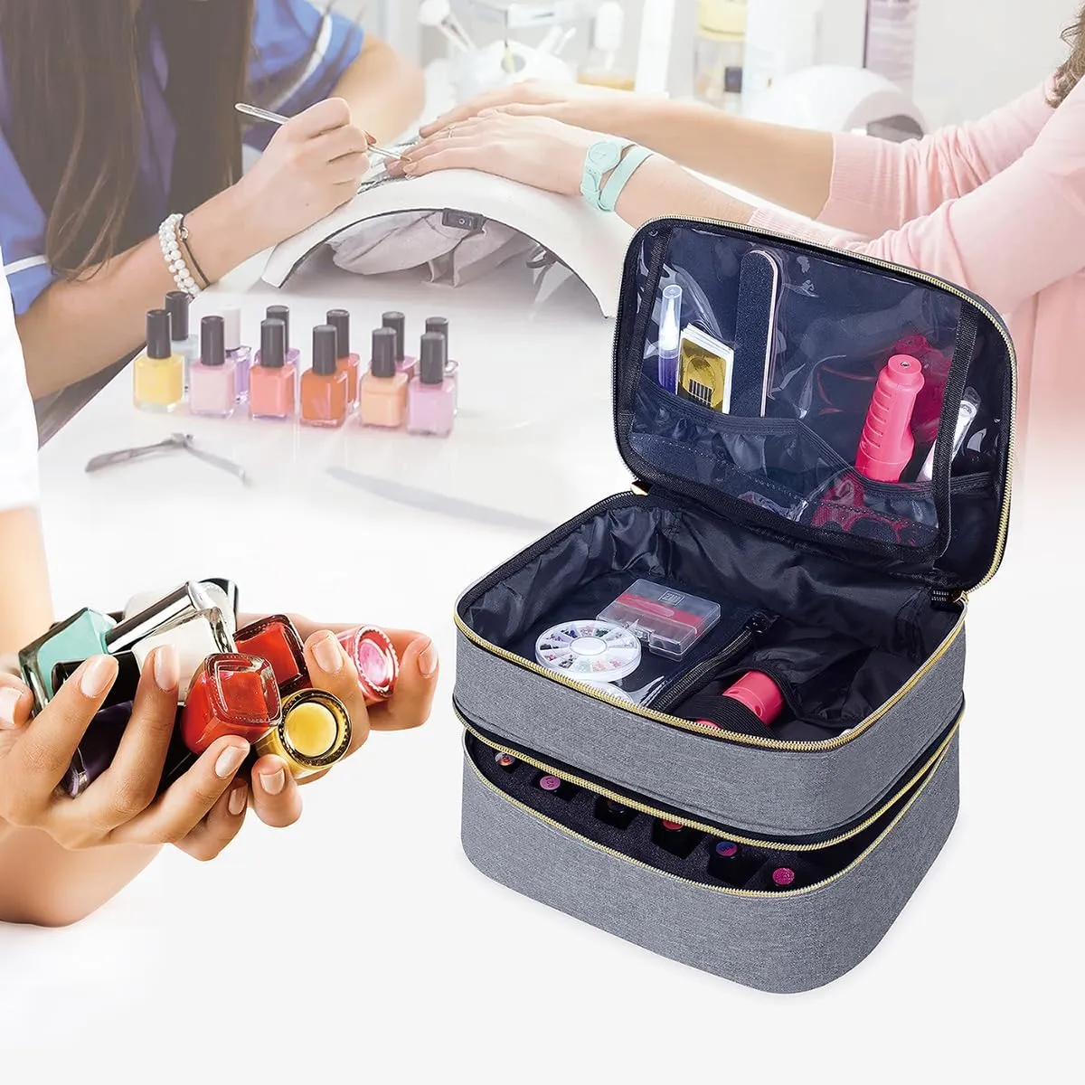 Nail Polish Organizer Bag Double Layer Capacity Portable Travel Storage Case Holds 30 Bottles (15 ml/0.51 floz) Nail Supplies Holder Bag Designed for Women's Nail Tools Grey