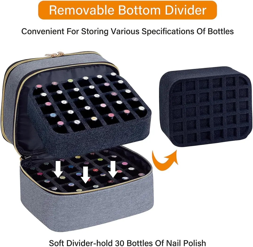 Nail Polish Organizer Bag Double Layer Capacity Portable Travel Storage Case Holds 30 Bottles (15 ml/0.51 floz) Nail Supplies Holder Bag Designed for Women's Nail Tools Grey