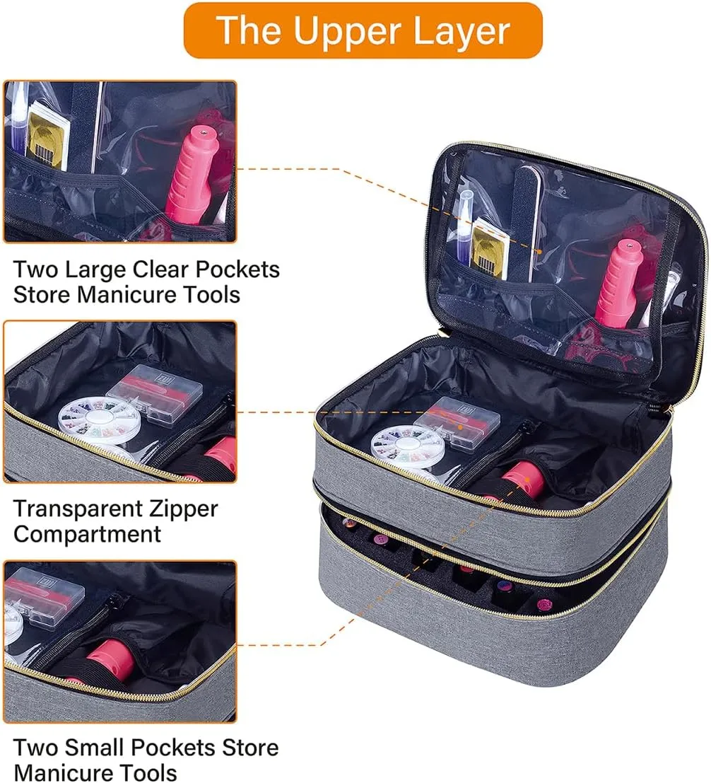Nail Polish Organizer Bag Double Layer Capacity Portable Travel Storage Case Holds 30 Bottles (15 ml/0.51 floz) Nail Supplies Holder Bag Designed for Women's Nail Tools Grey