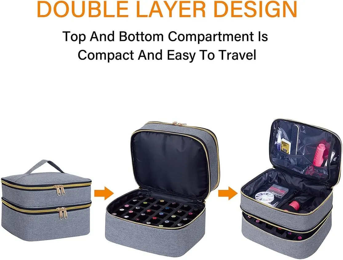 Nail Polish Organizer Bag Double Layer Capacity Portable Travel Storage Case Holds 30 Bottles (15 ml/0.51 floz) Nail Supplies Holder Bag Designed for Women's Nail Tools Grey