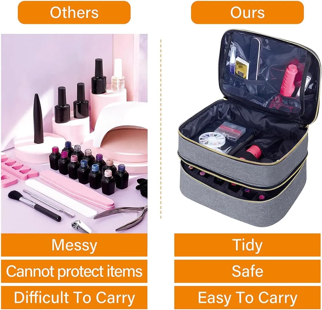 Nail Polish Organizer Bag Double Layer Capacity Portable Travel Storage Case Holds 30 Bottles (15 ml/0.51 floz) Nail Supplies Holder Bag Designed for Women's Nail Tools Grey