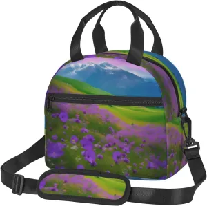 Nature Purple Flowers Meadow Mountain Scenic Insulated Lunch Bag Box - Versatile Leakproof Cooler Tote, Comes with Adjustable Shoulder Strap