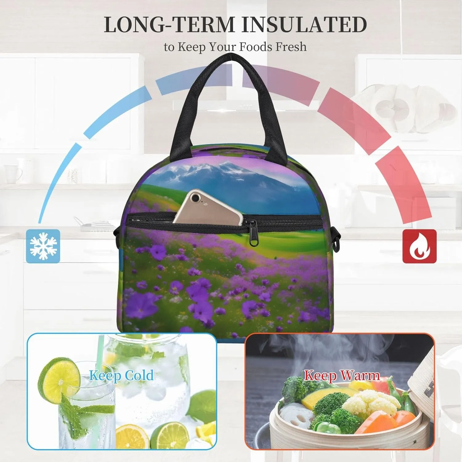 Nature Purple Flowers Meadow Mountain Scenic Insulated Lunch Bag Box - Versatile Leakproof Cooler Tote, Comes with Adjustable Shoulder Strap