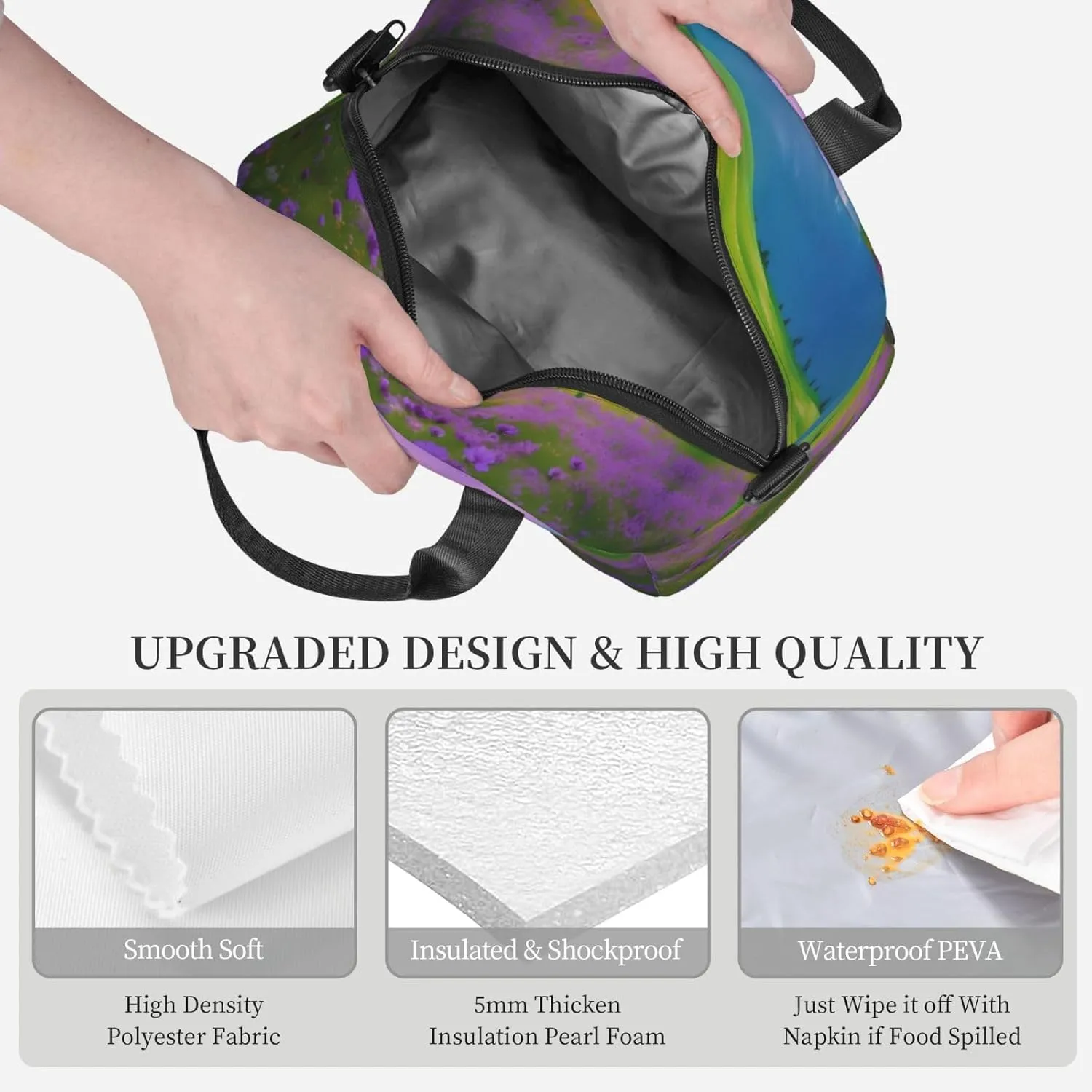 Nature Purple Flowers Meadow Mountain Scenic Insulated Lunch Bag Box - Versatile Leakproof Cooler Tote, Comes with Adjustable Shoulder Strap