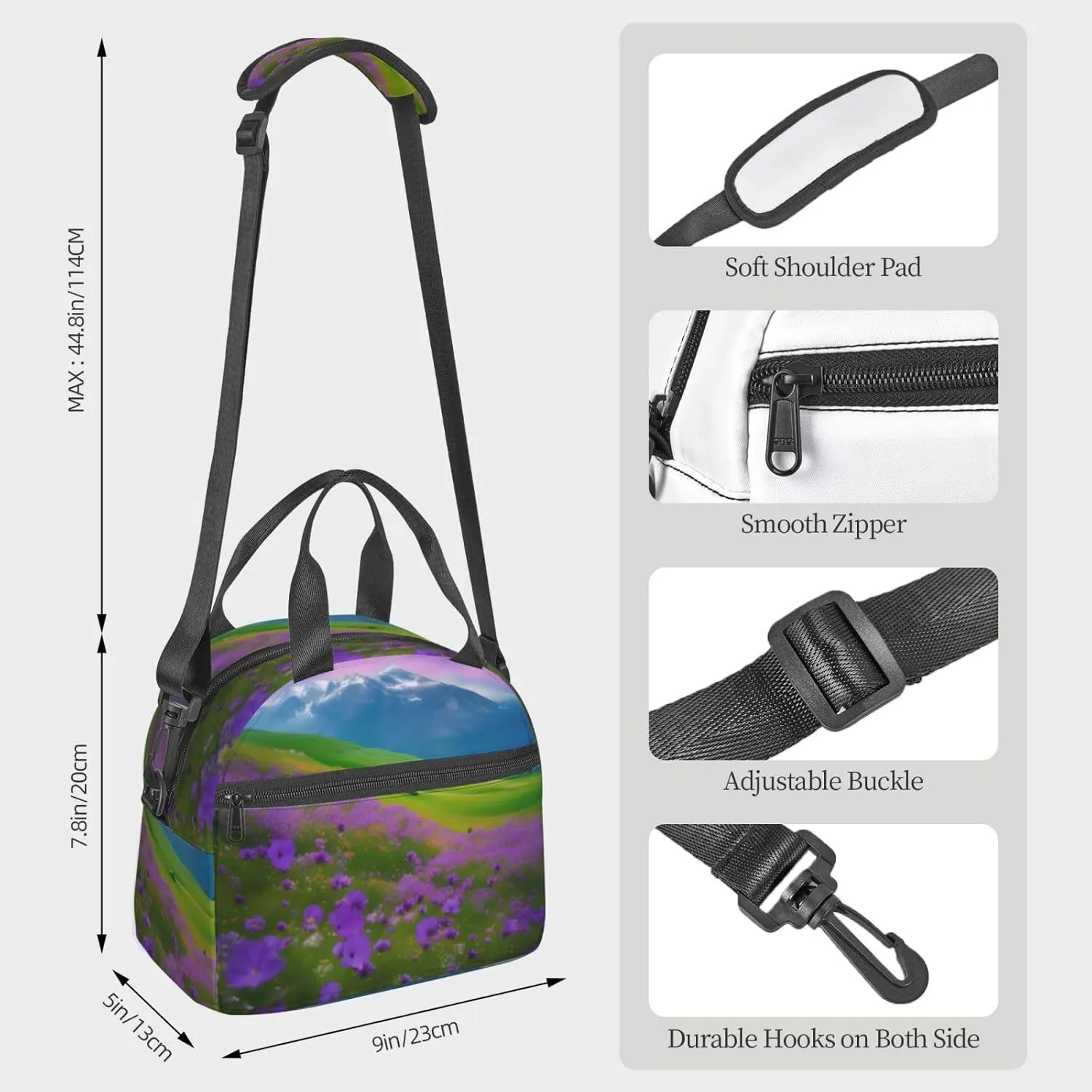 Nature Purple Flowers Meadow Mountain Scenic Insulated Lunch Bag Box - Versatile Leakproof Cooler Tote, Comes with Adjustable Shoulder Strap