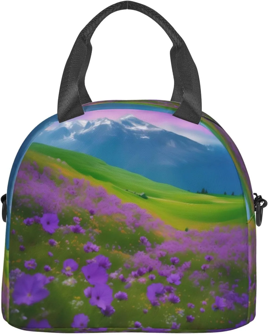 Nature Purple Flowers Meadow Mountain Scenic Insulated Lunch Bag Box - Versatile Leakproof Cooler Tote, Comes with Adjustable Shoulder Strap