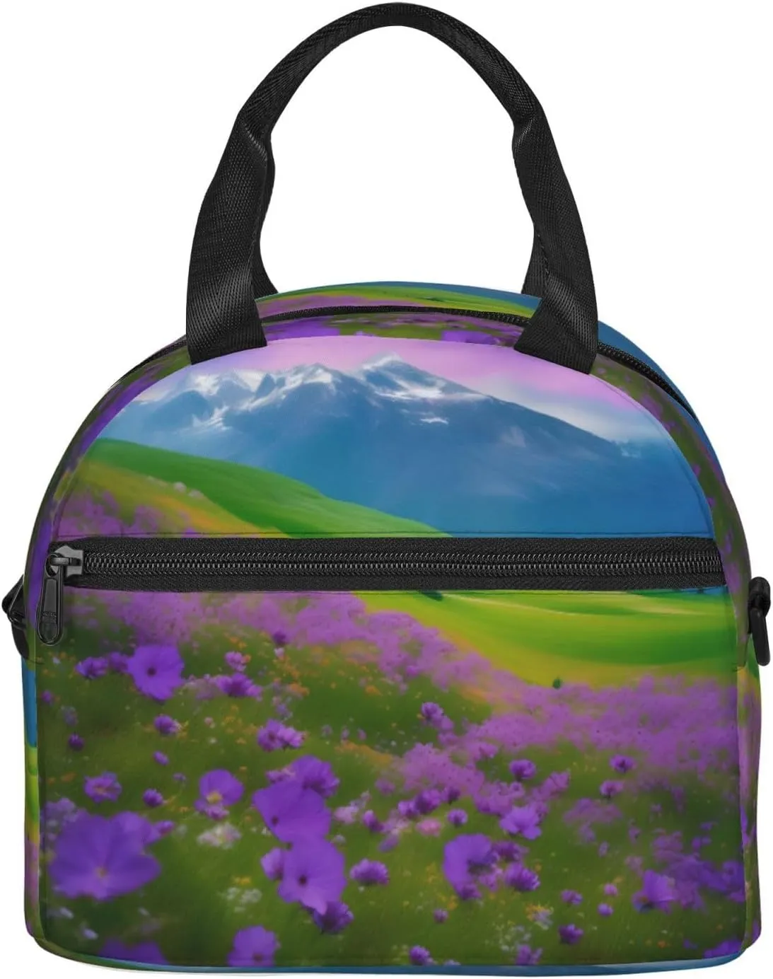 Nature Purple Flowers Meadow Mountain Scenic Insulated Lunch Bag Box - Versatile Leakproof Cooler Tote, Comes with Adjustable Shoulder Strap