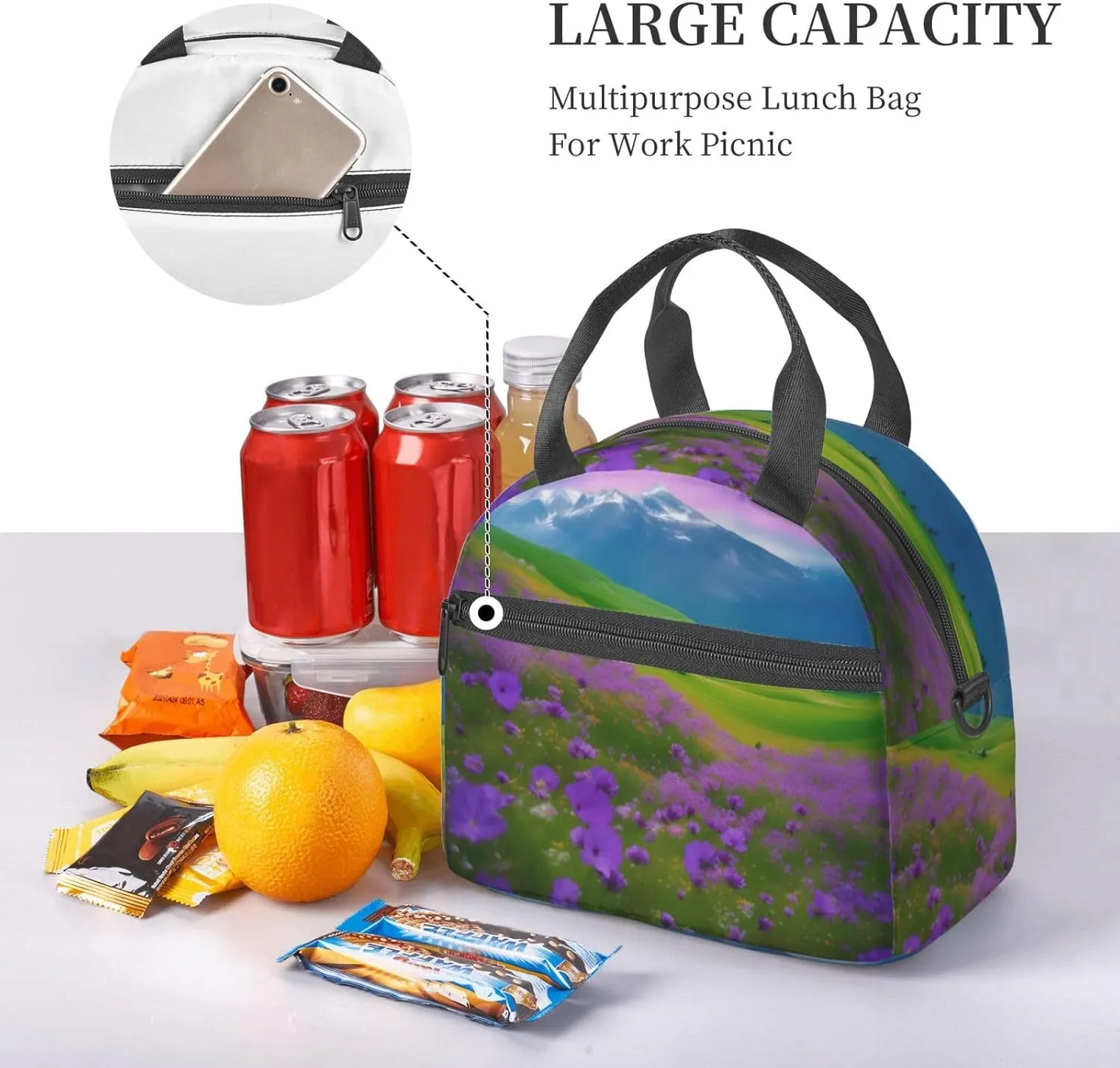 Nature Purple Flowers Meadow Mountain Scenic Insulated Lunch Bag Box - Versatile Leakproof Cooler Tote, Comes with Adjustable Shoulder Strap