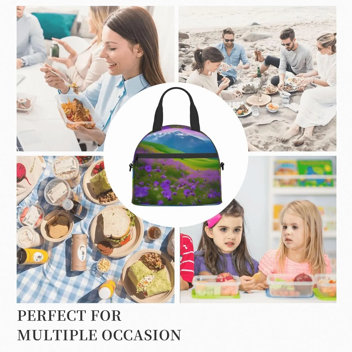 Nature Purple Flowers Meadow Mountain Scenic Insulated Lunch Bag Box - Versatile Leakproof Cooler Tote, Comes with Adjustable Shoulder Strap