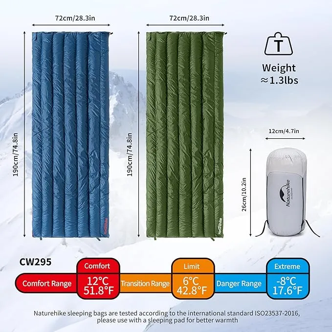 Naturehike 1.26lbs Ultralight Sleeping Bag, 650/800 Fill Power Down Sleeping Bag, 32-43℉ Compact Lightweight Envelope Sleeping Bag for Adult, Backpacking Sleeping Bag for Hiking Camping