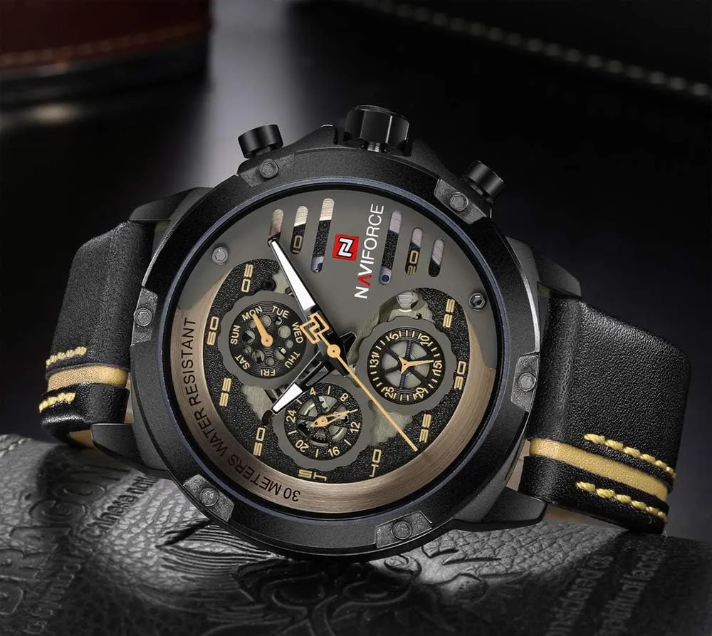 NAVIFORCE Sport Military Watches for Men Waterproof Watch Analog Quartz Leather Band Date Calendar Clock Wristwatch