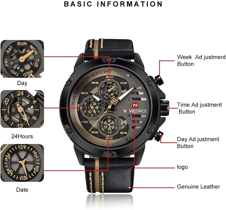 NAVIFORCE Sport Military Watches for Men Waterproof Watch Analog Quartz Leather Band Date Calendar Clock Wristwatch