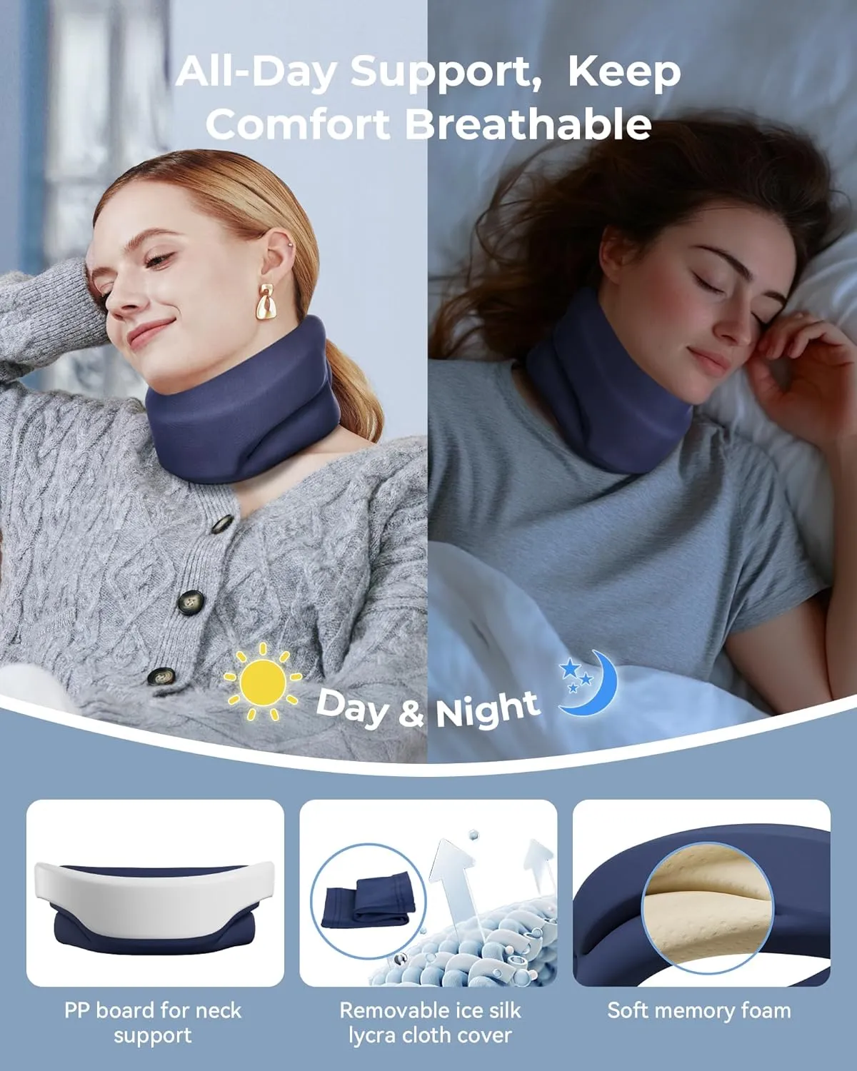 Neck Brace Cervical Collar - Neck Support Brace for Sleeping, Soft Foam Wraps Keep Vertebrae Stable and Aligned for Relief of Cervical Spine Pressure Dark Blue (12.6-15.8 Inch)