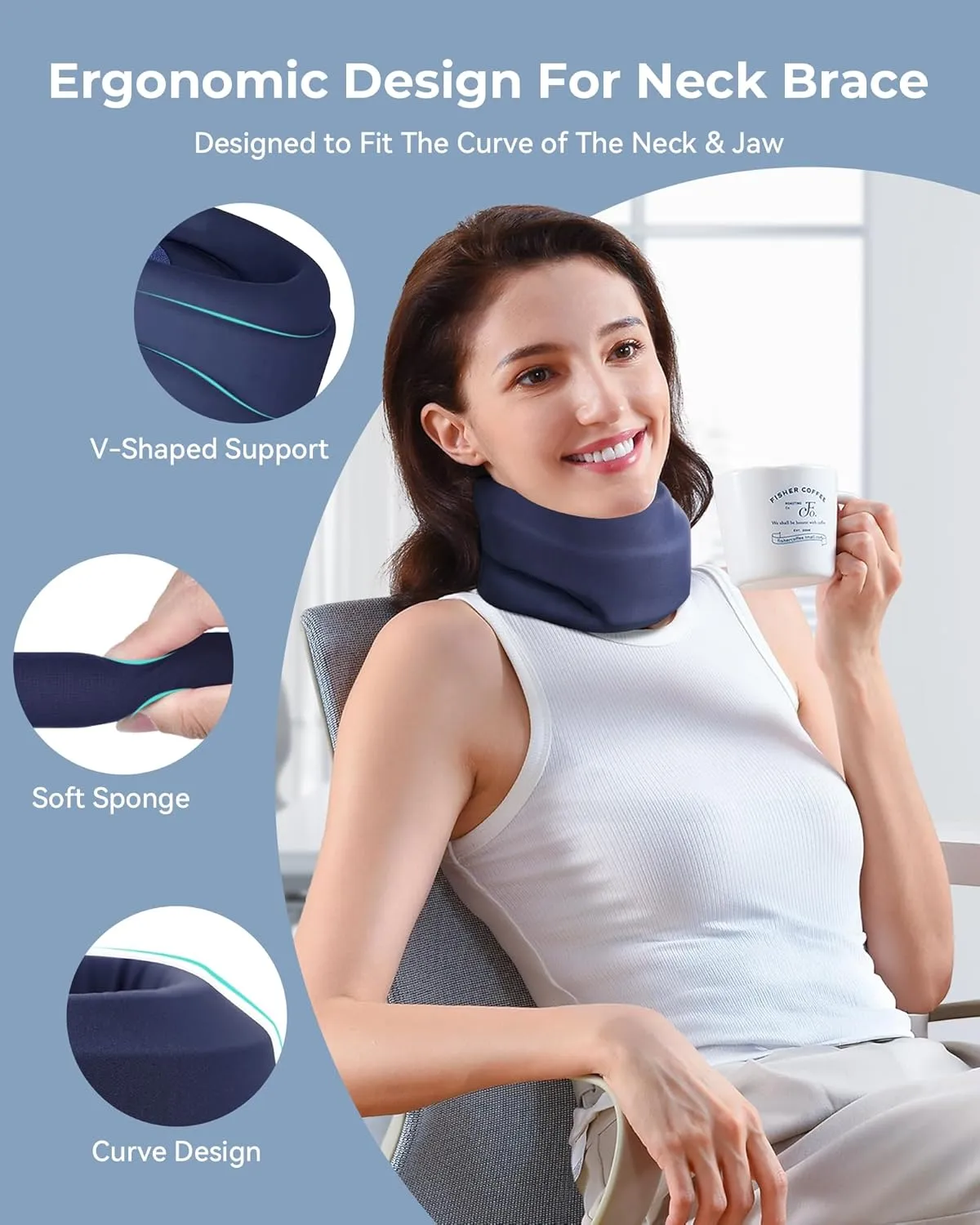 Neck Brace Cervical Collar - Neck Support Brace for Sleeping, Soft Foam Wraps Keep Vertebrae Stable and Aligned for Relief of Cervical Spine Pressure Dark Blue (12.6-15.8 Inch)