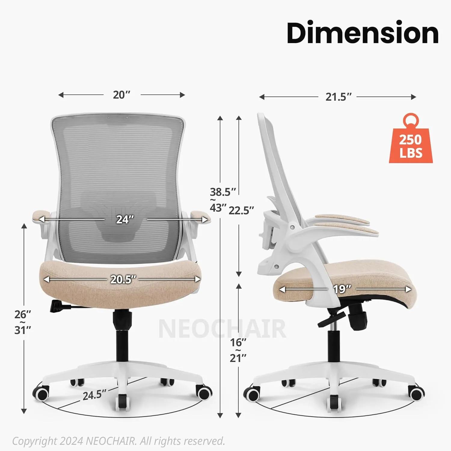 NEO CHAIR High Back Mesh Office Chair with Adjustable Height Ergonomic Design Executive Lumbar Support Padded Flip-up Armrests and Swivel Function for Home Office Gaming Computer Desk (Beige)