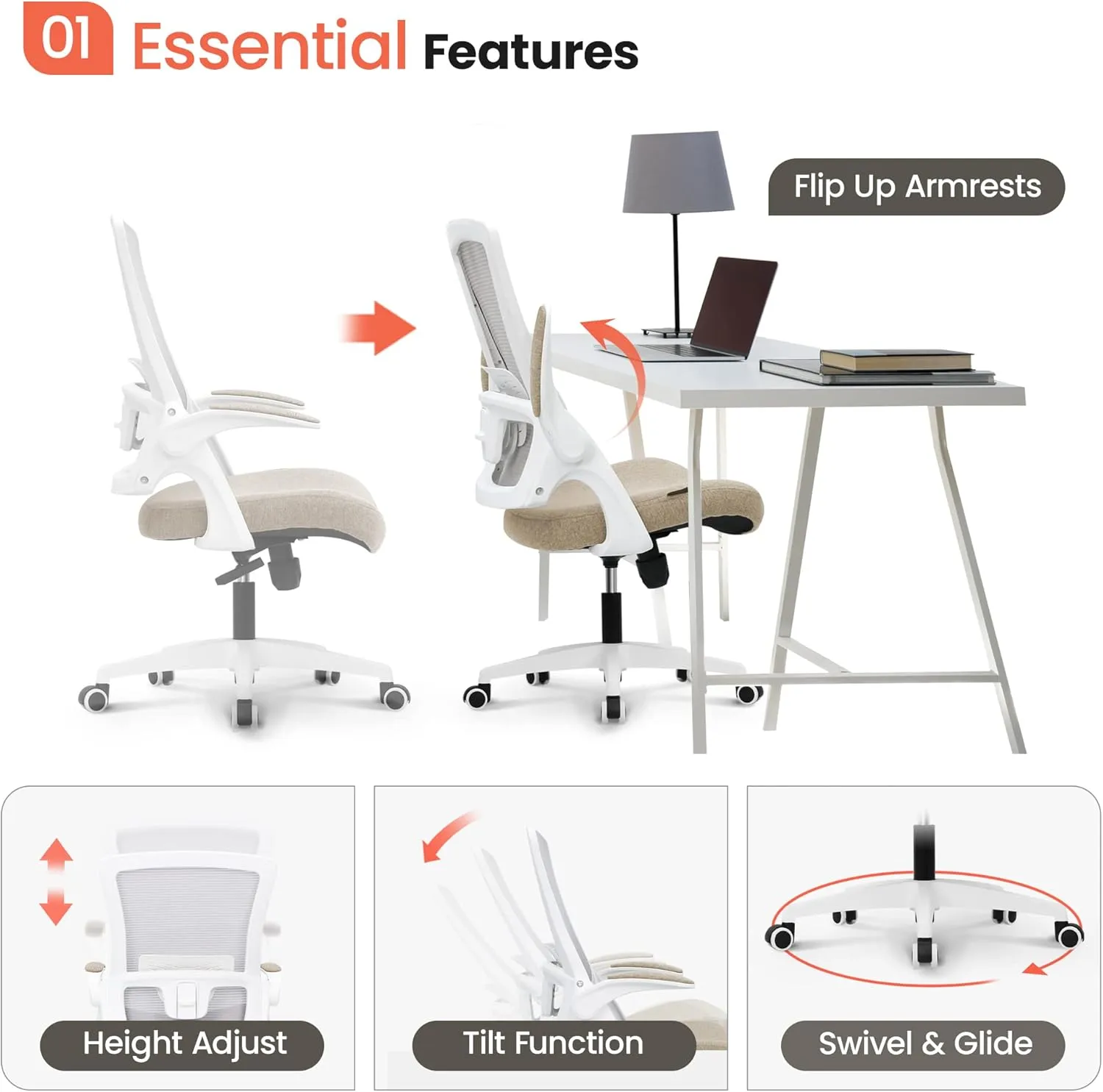 NEO CHAIR High Back Mesh Office Chair with Adjustable Height Ergonomic Design Executive Lumbar Support Padded Flip-up Armrests and Swivel Function for Home Office Gaming Computer Desk (Beige)