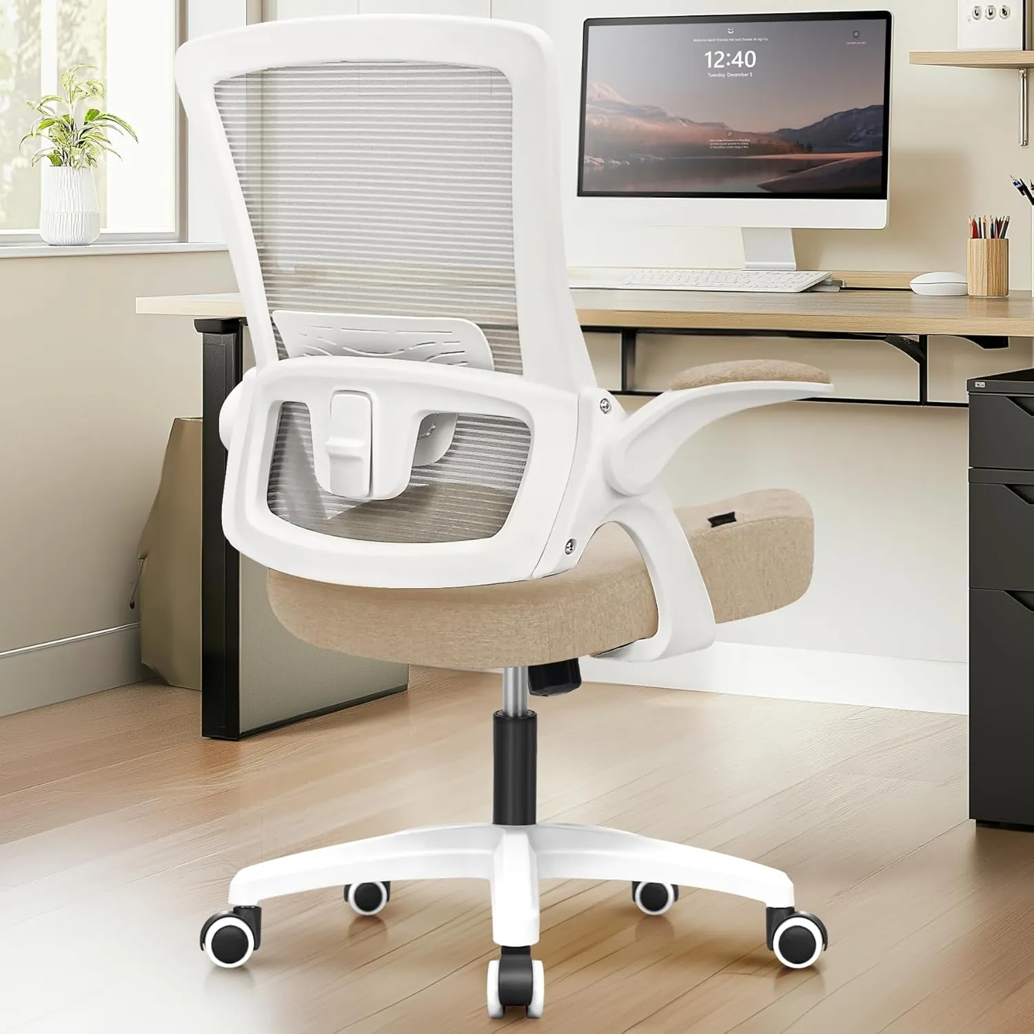 NEO CHAIR High Back Mesh Office Chair with Adjustable Height Ergonomic Design Executive Lumbar Support Padded Flip-up Armrests and Swivel Function for Home Office Gaming Computer Desk (Beige)