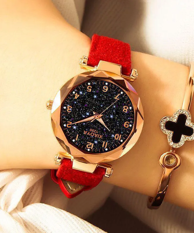 New Red Genuine Leather Starry Sky Waterproof Watch