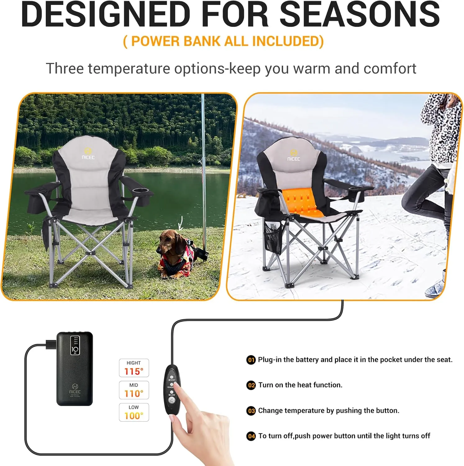 Nice C Heated Camping Chair with Battery, Outdoor Heated Chair, Heated Camping Chairs for Adults, Folding Chair, Beach Chair, Heavy Duty Cooler, Carry Bag, 10000mAh Power Bank Included (1 Pack)