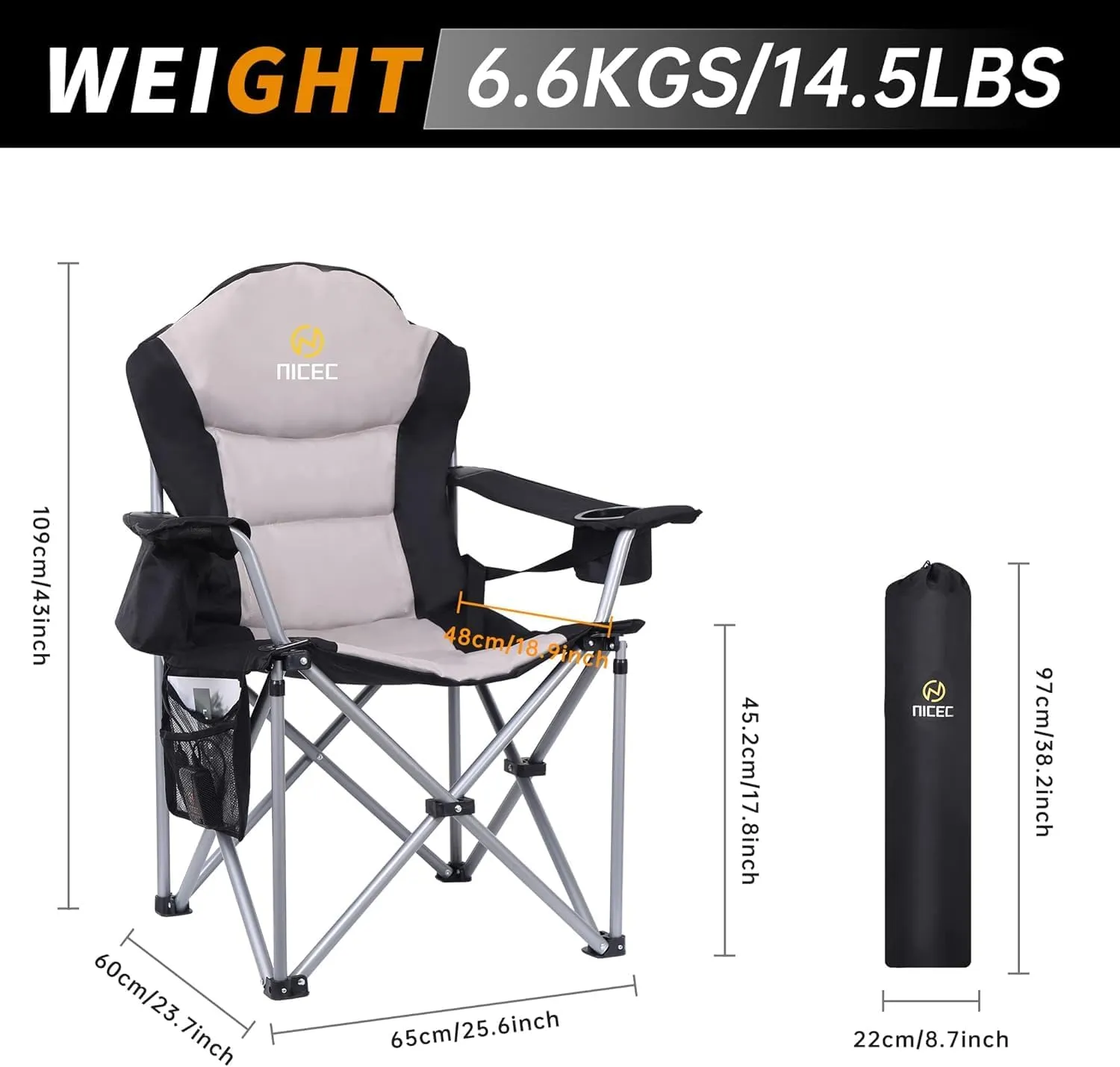 Nice C Heated Camping Chair with Battery, Outdoor Heated Chair, Heated Camping Chairs for Adults, Folding Chair, Beach Chair, Heavy Duty Cooler, Carry Bag, 10000mAh Power Bank Included (1 Pack)