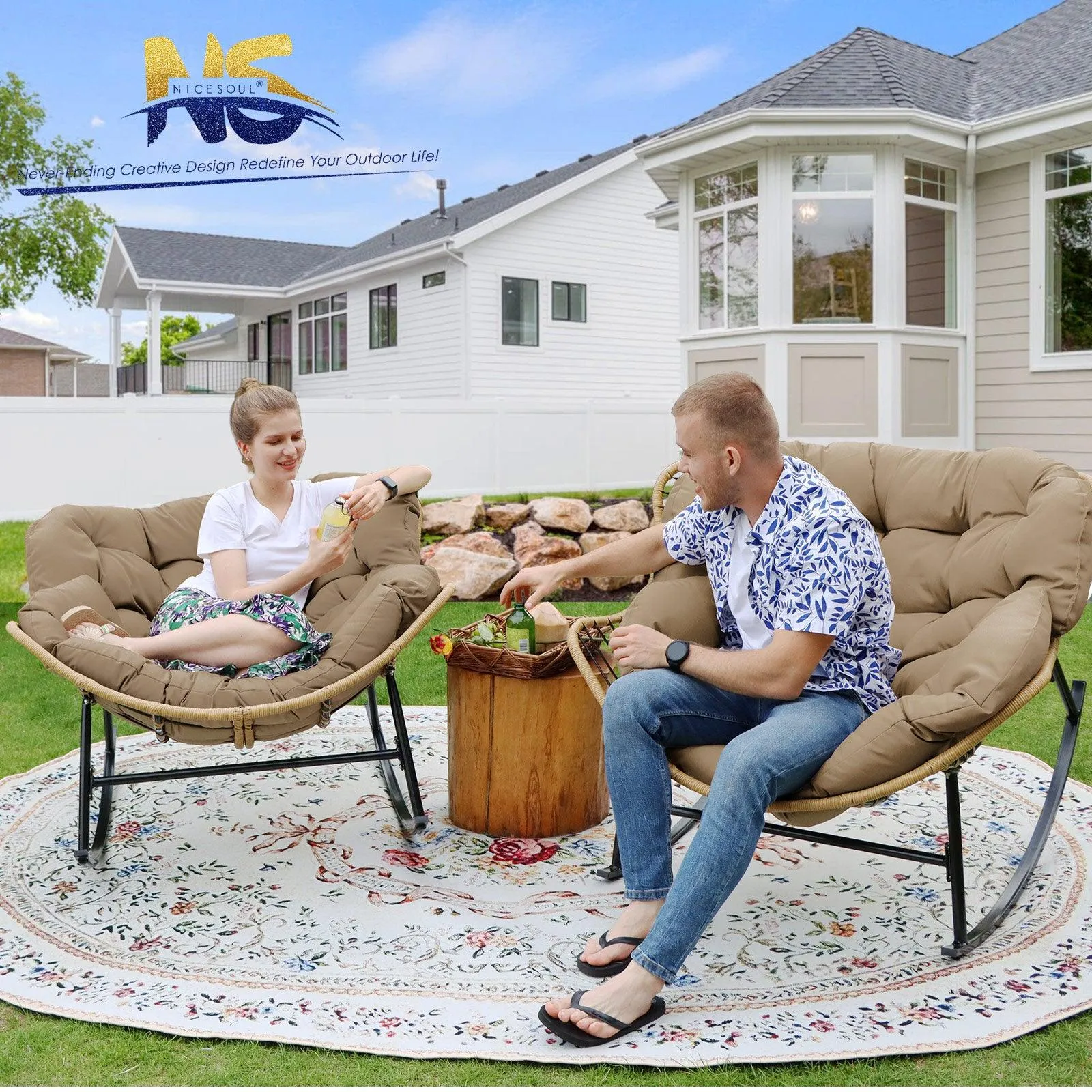 NICESOUL Outdoor Oversized Papasan Rocking Chair