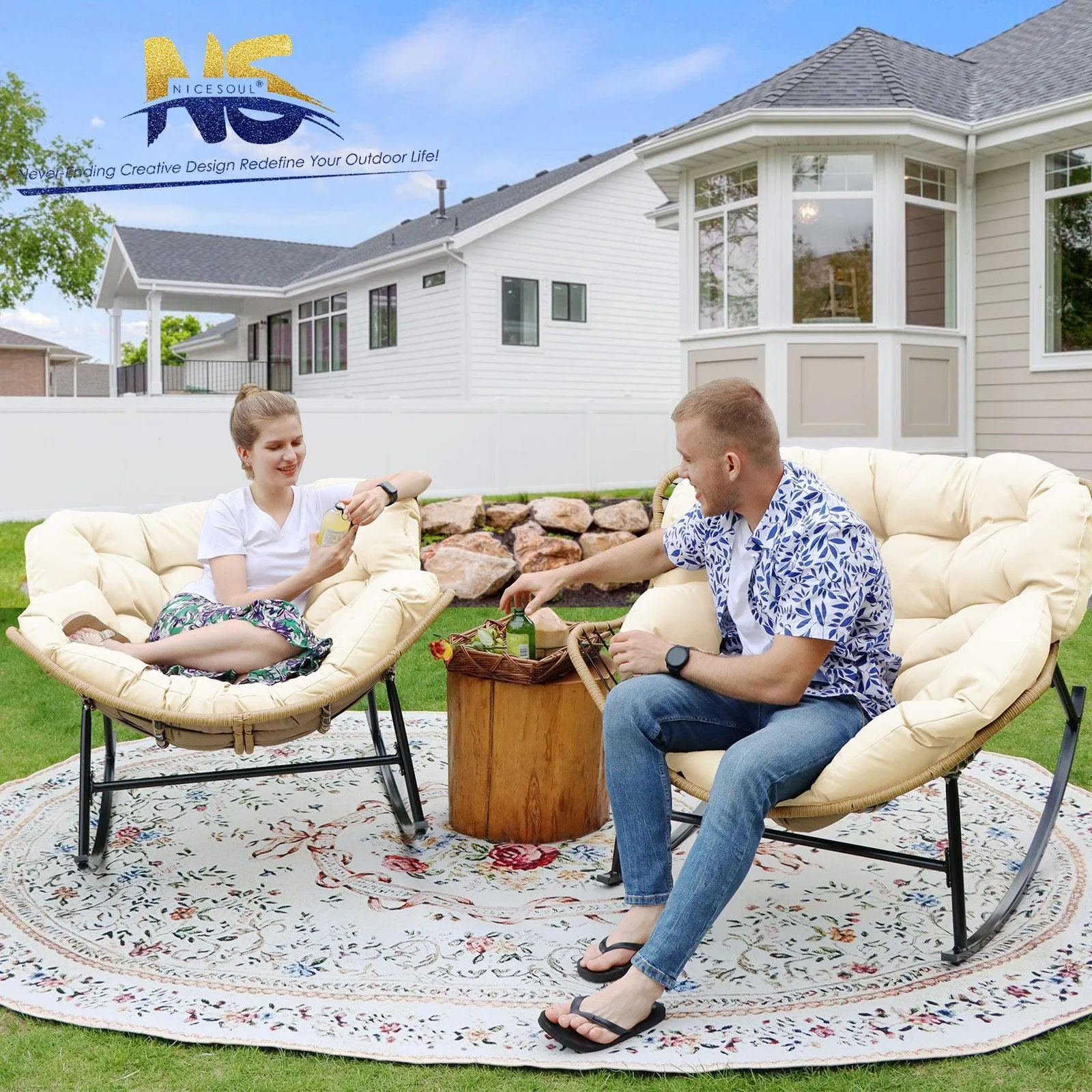 NICESOUL Outdoor Oversized Papasan Rocking Chair