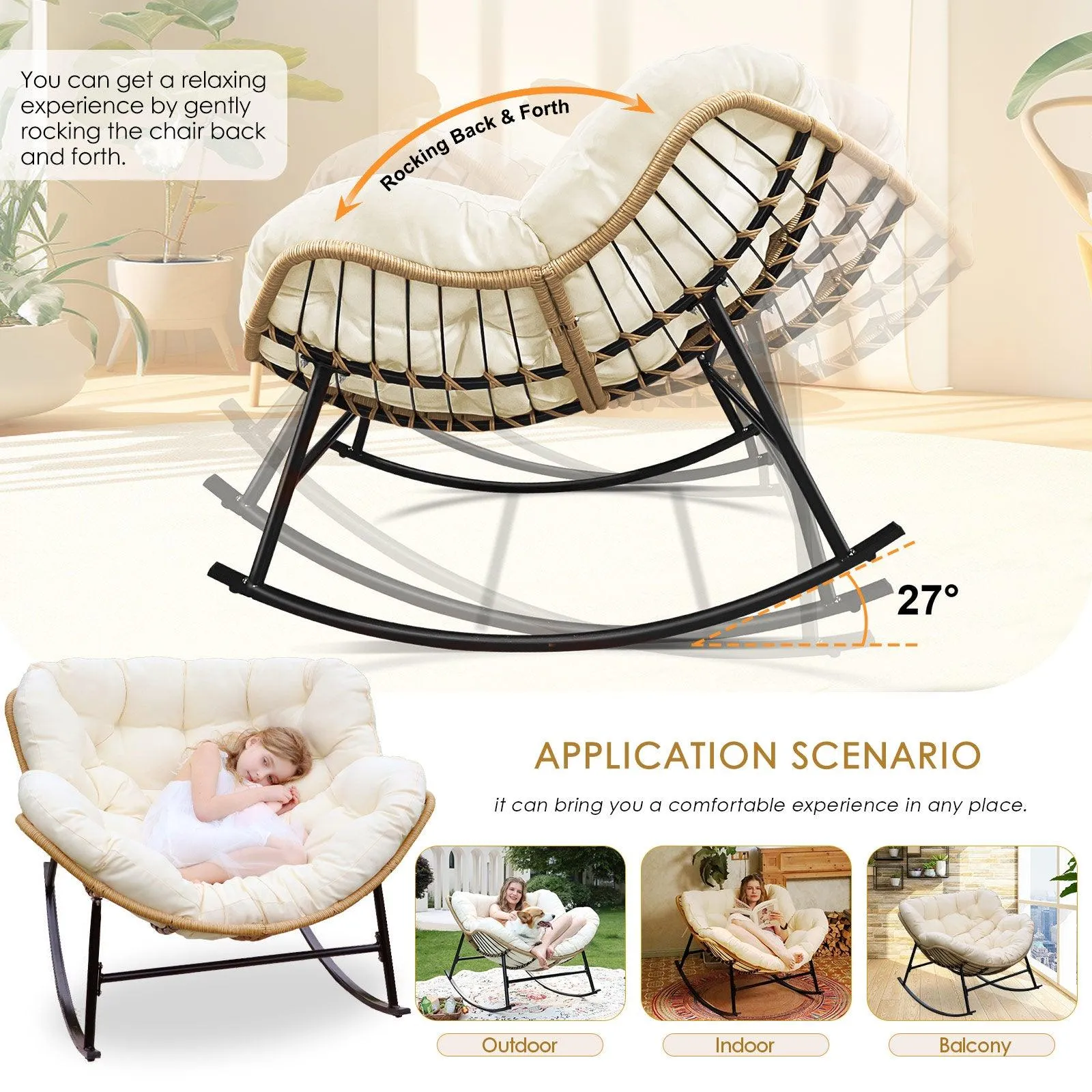 NICESOUL Outdoor Oversized Papasan Rocking Chair