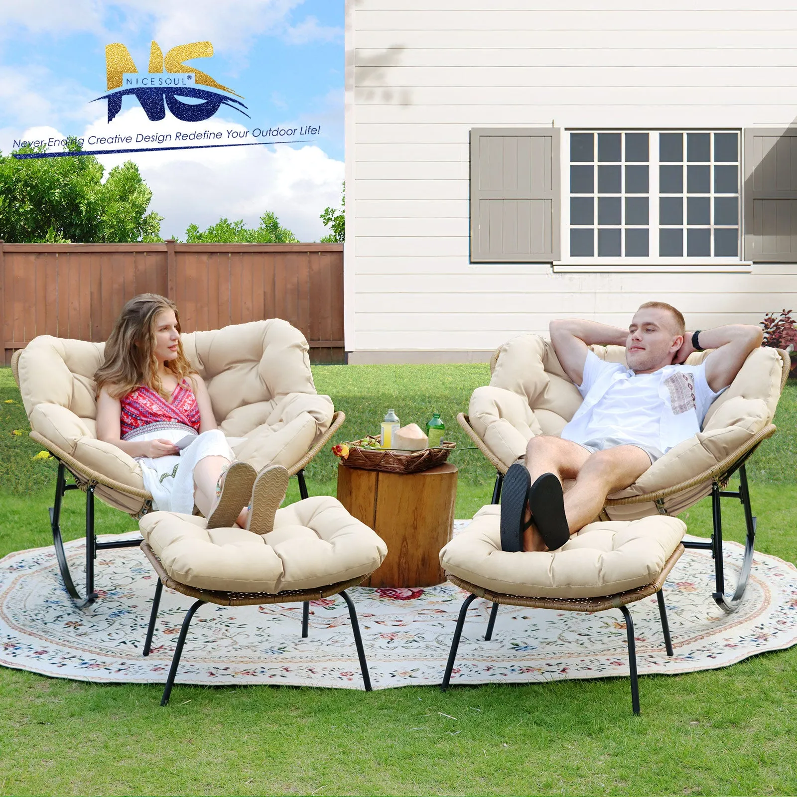 NICESOUL Outdoor Oversized Papasan Rocking Chair