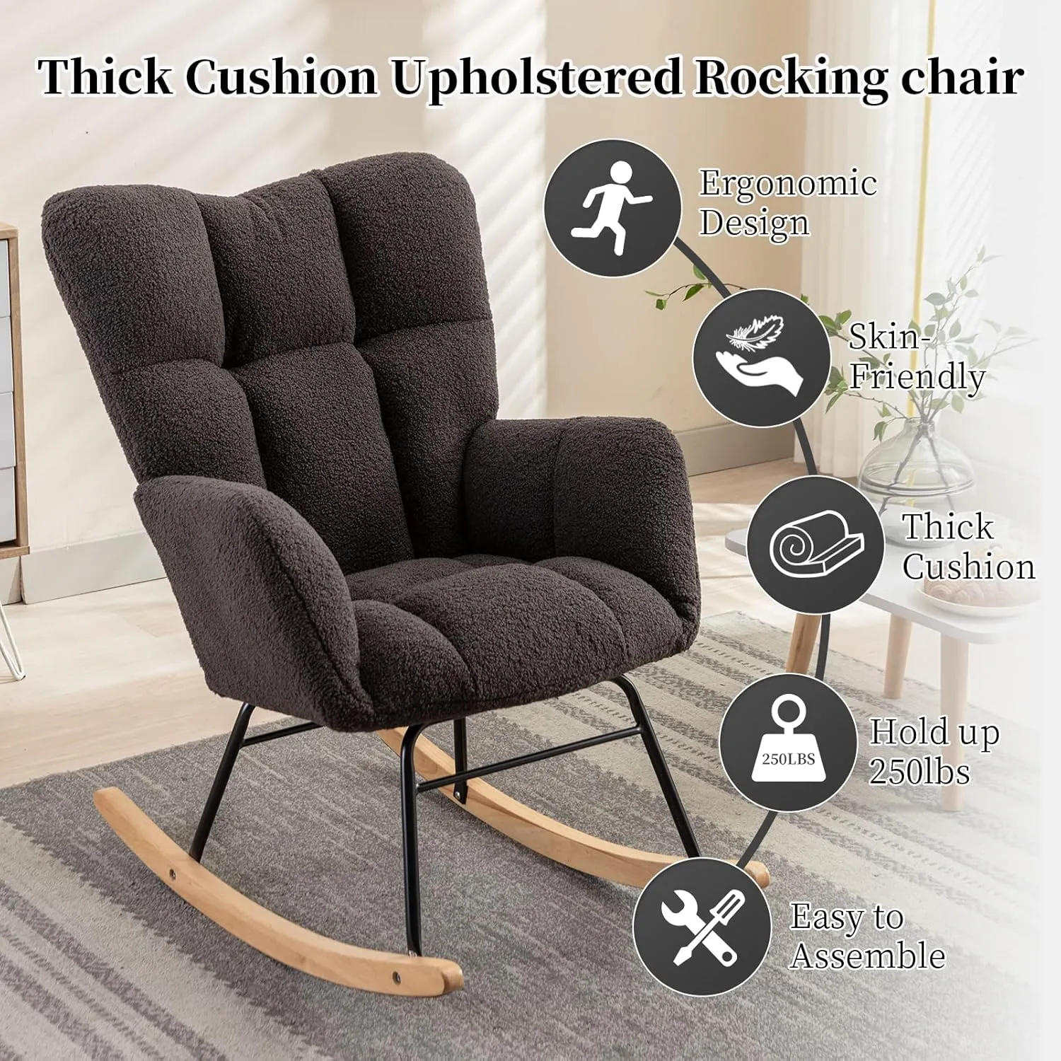 NIOIIKIT Nursery Rocking Chair Teddy Upholstered Glider Rocker Rocking Accent Chair Padded Seat with High Backrest Armchair Comfy Side Chair for Living Room Bedroom Offices (Dark Grey)