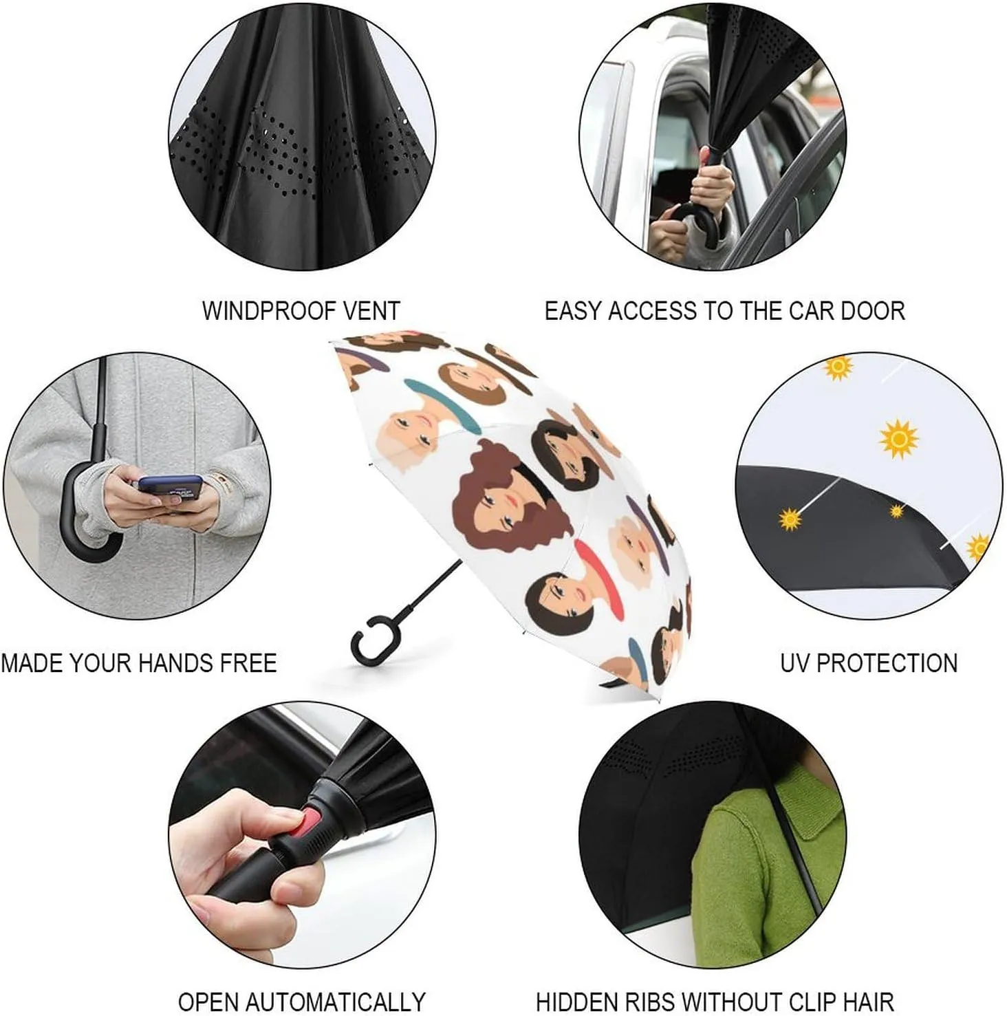 Nugier Auto Large Inverted Rain Umbrella, Sun Protect UV Winds Rain Compact Parasol Automatic Open/Close Reverse Car Umbrella