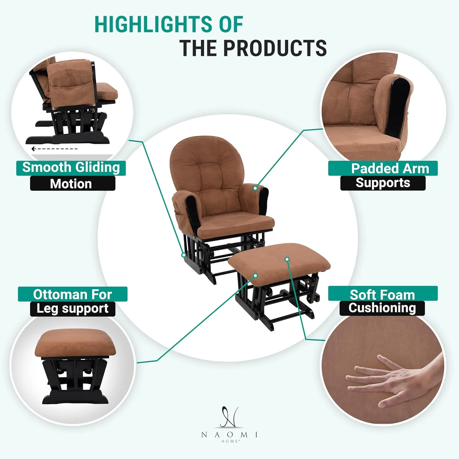 Nursery Glider & Ottoman Sets, Reclining Glider Rocker with Ottoman, Nursery Rocking Breastfeeding Maternity Chair for Baby Room, Recliner Glider with Ottoman, Padded Arms - Black, Chocolate